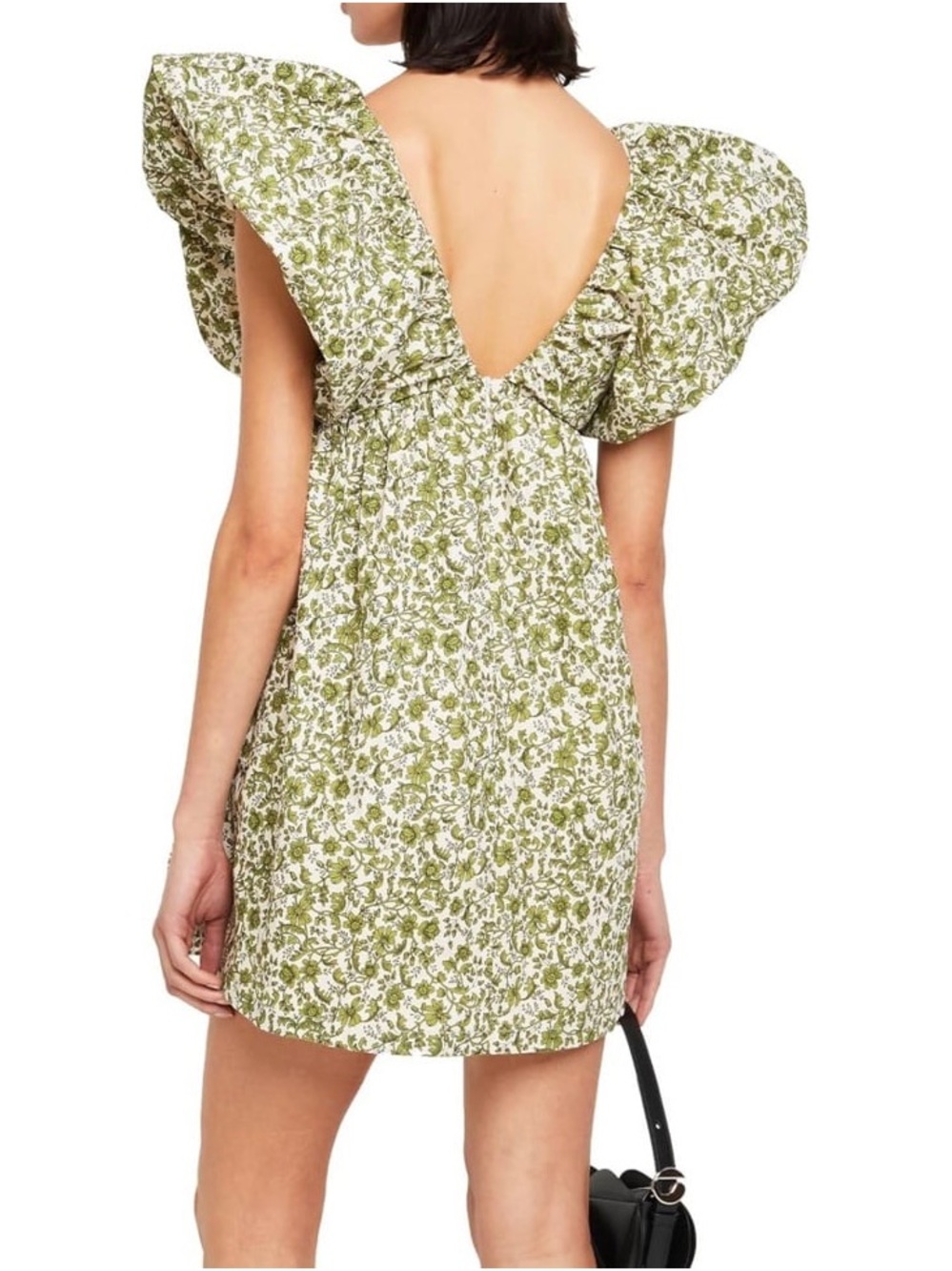 Anthropologie Green Floral Puff-Sleeve Mini Dress